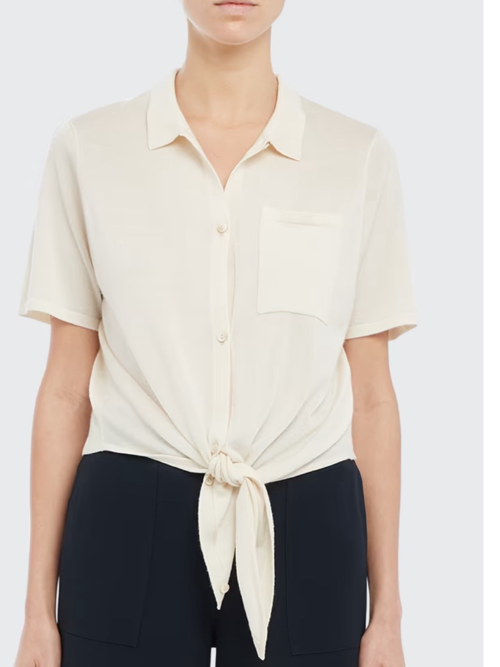 Theory Women's s Hekanina Tie Front Silk Cashmere Cream Short-Sleeve Button Top